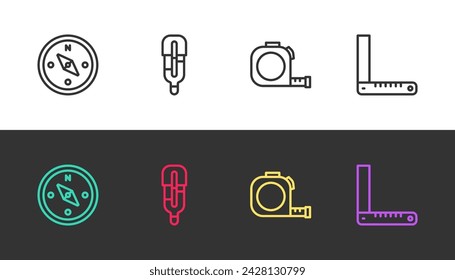 Set line Kompass, Medizinisches Thermometer, Roulette-Konstruktion und Ecklineal auf schwarz und weiß. Vektor