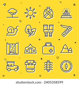 Set line Compass, Mountains, Swiss army knife, Canteen water bottle, Tropical leaves, Snail, African tree and Binoculars icon. Vector