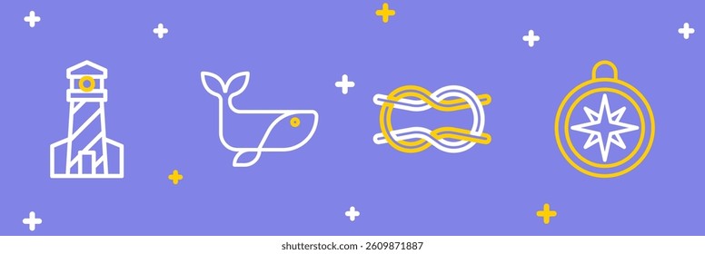 Set line Compass, Nautical rope knots, Whale and Lighthouse icon. Vector