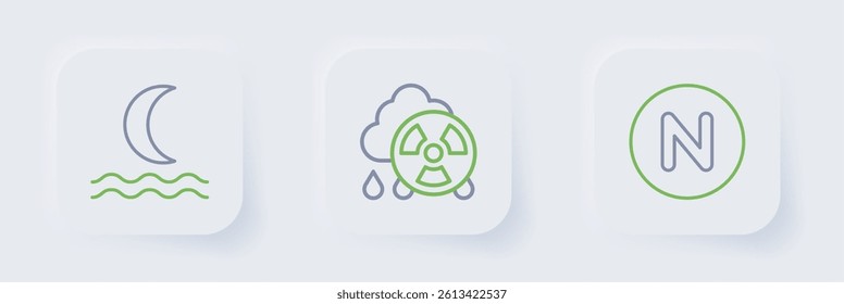 Set line Compass north, Acid rain radioactive cloud and Night fog smoke icon. Vector