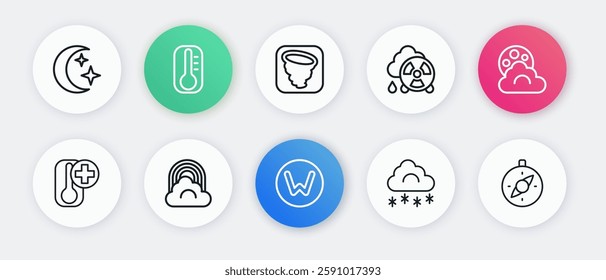 Set line Compass north, Cloud with moon, Thermometer, snow, Acid rain radioactive cloud, Tornado,  and Rainbow icon. Vector