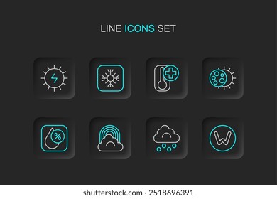 Set line Compass north, Hail cloud, Rainbow with, Water drop percentage, Eclipse of the sun, Thermometer, Snowflake and Solar energy panel icon. Vector