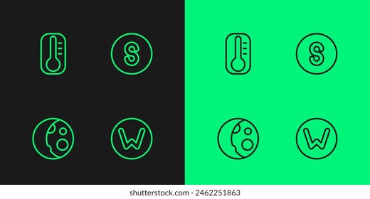 Set line Compass north, Moon phases, Thermometer and south icon. Vector