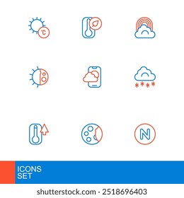 Set line Compass north, Moon phases, Thermometer, Cloud with snow, Day night cycle, Weather forecast app, Rainbow cloud and  icon. Vector