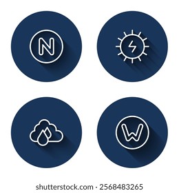 Set line Compass north, Solar energy panel, Cloud with rain and  with long shadow. Blue circle button. Vector