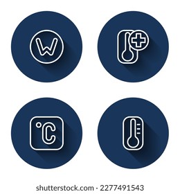 Set line Compass north, Thermometer, Celsius and  with long shadow. Blue circle button. Vector