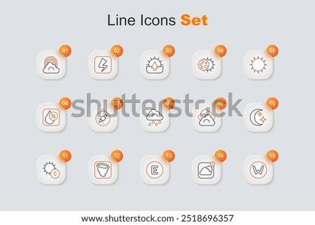 Set line Compass north, Weather forecast app, west, Tornado, Sun, Moon and stars, Cloud and Hail cloud icon. Vector