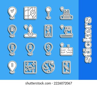 Set line Compass on mobile, Broken road, Location and gas station, Push pin, monument, Alcohol or beer bar location, with check mark and City map navigation icon. Vector