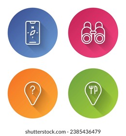 Set line Compass on mobile, Binoculars, Unknown route point and Cafe and restaurant location. Color circle button. Vector