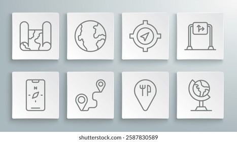 Set line Compass on mobile, Earth globe, Route location, Cafe and restaurant, Road traffic sign and Folded map icon. Vector
