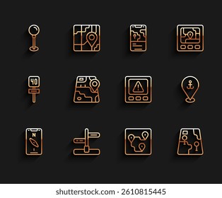 Set line Compass on mobile, Road traffic sign, Push pin, Route location, City map navigation, Location with anchor and Gps device error icon. Vector