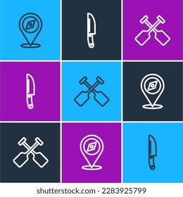 Set line Compass, Paddle and Knife icon. Vector