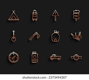 Set line Compass, Passport with ticket, Tourist tent, Pickup truck, Wrist watch, Wooden axe, Swiss army knife and Canteen water bottle icon. Vector