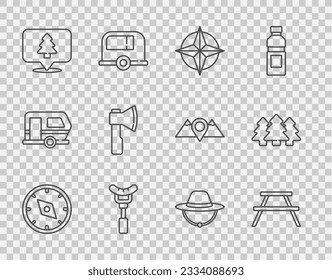 Set line Compass, Picnic table with benches, Wind rose, Sausage on the fork, Location of forest, Wooden axe, Camping hat and Forest icon. Vector
