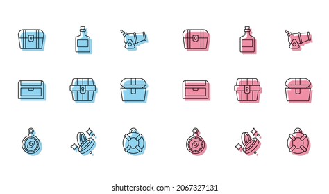 Línea Compass, moneda Pirata, cofre del tesoro antiguo, Lifebuoy y bebida alcohólica Icono de Rum. Vector