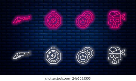 Set line Compass, Pirate coin, Vintage pistol and captain. Glowing neon icon on brick wall. Vector