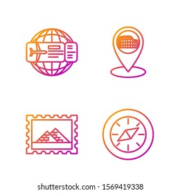 Set line Compass, Postal stamp and Egypt pyramids, Airline ticket and Map pointer with Coliseum in Rome, Italy. Gradient color icons. Vector