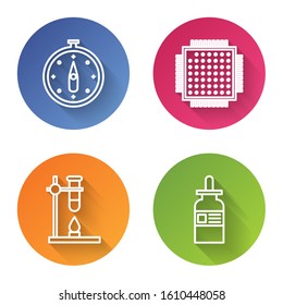 Set line Compass, Processor, Glass test tube flask on fire heater and Glass bottle with a pipette. Color circle button. Vector