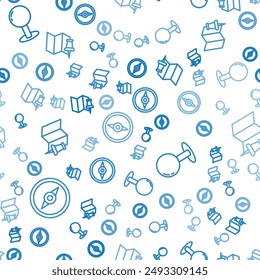 Set line Compass, Push pin and Folded map with push pin on seamless pattern. Vector