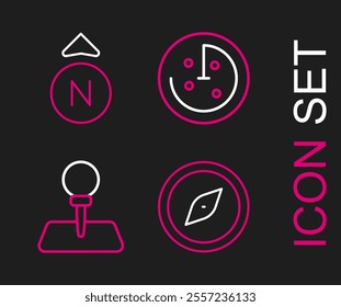 Set line Compass, Push pin, Radar with targets on monitor and  icon. Vector