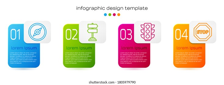 Set line Compass, Road traffic sign, Traffic light and Stop sign. Business infographic template. Vector