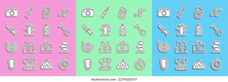 Set line Compass, Road traffic sign, Shovel, Lighter, African tree, Hunter knife, Photo camera and Spray against insects icon. Vector
