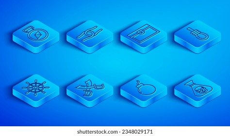 Set line Compass, Rope tied in knot, Antique treasure chest, Crossed pirate swords, Bomb ready to explode, Gallows rope loop hanging, Ship steering wheel and Pirate coin icon. Vector
