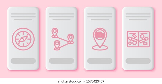 Set line Compass, Route location, Map pointer with Coliseum in Rome, Italy and Passport pages with visa stamps. White rectangle button. Vector