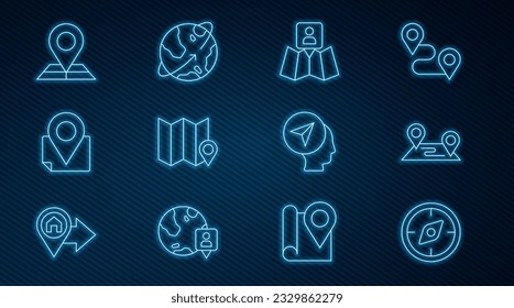 Set line Compass, Route location, Folded map with marker, Map human and Satellites orbiting the Earth icon. Vector