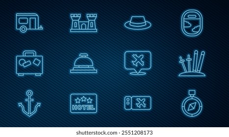 Set line Compass, Ski and sticks, Man hat with ribbon, Hotel service bell, Suitcase, Rv Camping trailer, Speech bubble airplane and Sand castle icon. Vector