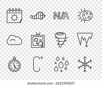 Set line Compass, Snowflake, Not applicable, Celsius, Calendar and sun, Weather forecast, Water drop and Icicle icon. Vector