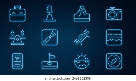 Set line Compass, Soil ground layers, Volcano, Paint brush, Oil money, Briefcase, Drone and Tacheometer, theodolite icon. Vector