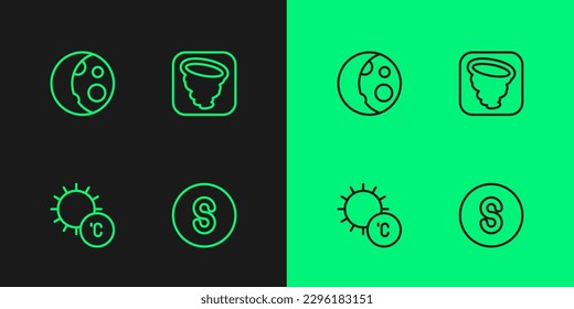 Set line Compass south, Sun, Moon phases and Tornado icon. Vector