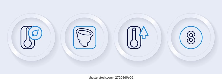 Establecer línea Brújula sur, Termómetro, Tornado e icono. Vector