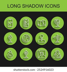 Set line Compass, Speed limit traffic, City map navigation, Folded with location marker, Radar targets monitor, Road sign and Push pin icon. Vector