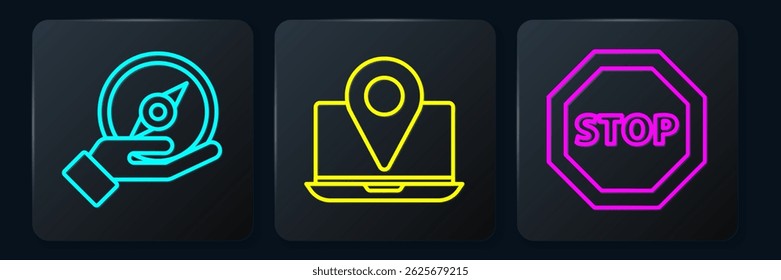 Set line Compass, Stop sign and Laptop with location marker. Black square button. Vector