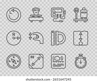Set line Compass, Stopwatch, Multimeter, voltmeter, Diagonal measuring, Radius, Approximate measurements, Area and Depth icon. Vector