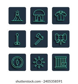 Set line Compass, Sun, Animal cage, Shirt, Wooden axe, Arrow, Volcano eruption and Elephant icon. Vector