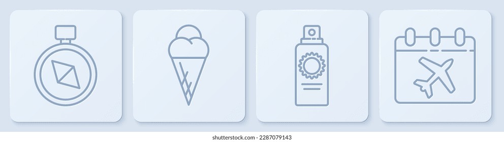 Set line Compass, Sunscreen spray bottle, Ice cream in waffle cone and Calendar and airplane. White square button. Vector