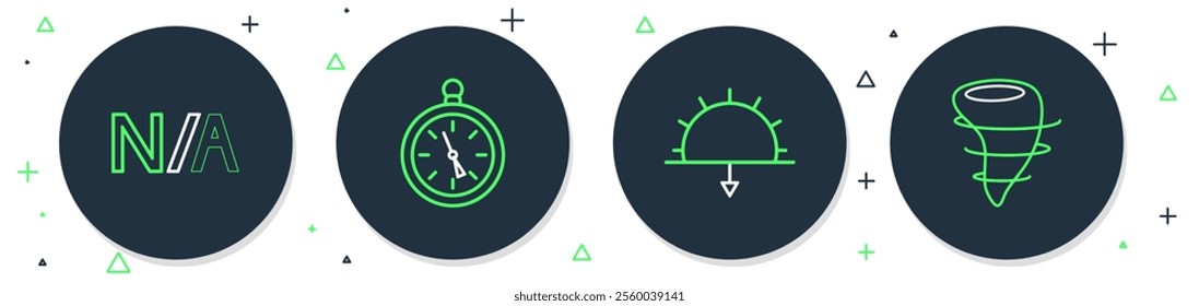Set line Compass, Sunset, Not applicable and Tornado icon. Vector