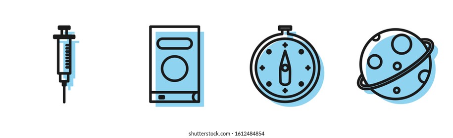 Set line Compass, Syringe, Book and Planet icon. Vector