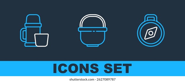 Set line Compass, Thermos container and cup and Camping pot icon. Vector