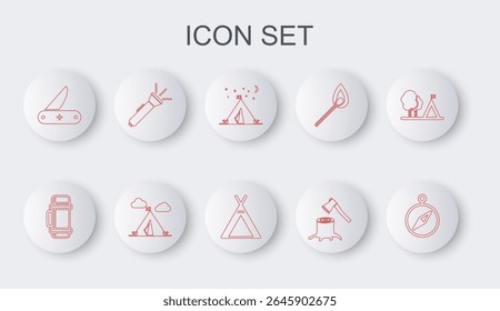 Set line Compass, Thermos container, Tourist tent with flag, Wooden axe stump, Swiss army knife, Flashlight,  and  icon. Vector