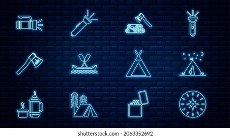 Set line Compass, Tourist tent with flag, Wooden axe and wood, Rafting boat, Flashlight,  and  icon. Vector