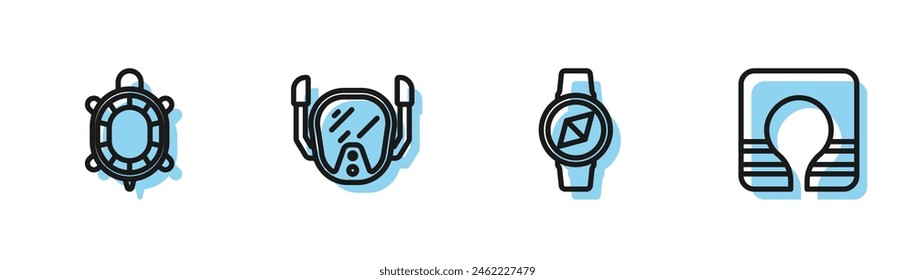 Set line Compass, Turtle, Diving mask and Life jacket icon. Vector