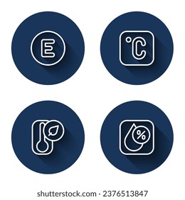 Set line Compass west, Celsius, Thermometer and Water drop percentage with long shadow. Blue circle button. Vector