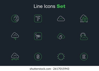 Set line Compass west, Sun, south, Cloud with snow, and cloud weather, rain, Wind and lightning icon. Vector