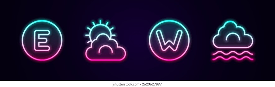 Set line Compass west, Sun and cloud weather, north and Fog. Glowing neon icon. Vector