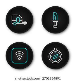 Definir linha Bússola, Wi-Fi internet sem fio, Faca e Rv Camping ícone do trailer. Vetor