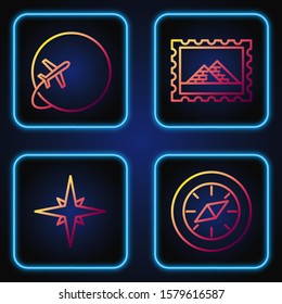 Set line Compass, Wind rose, Globe with flying plane and Postal stamp and Egypt pyramids. Gradient color icons. Vector
